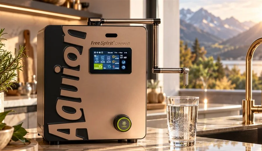 Aquion FreeSpirit DIAMANT mit einem Glas Wasser auf der Küchenarbeitsplatte